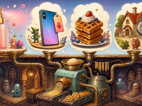 Illustration mit Hollywood-Stern, iPhone, Waffel, Haus und antiker Totenstadt unter einer Pastafabrik.