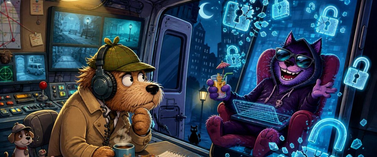 Cartoon-Kommissar mit Kopfhörern in einem Observationsfahrzeug, lauscht einem prahlerischen Hacker am Telefon, digitale Schlösser brechen auf.
