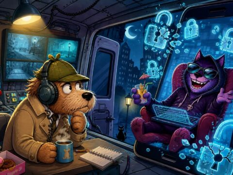 Cartoon-Kommissar mit Kopfhörern in einem Observationsfahrzeug, lauscht einem prahlerischen Hacker am Telefon, digitale Schlösser brechen auf.