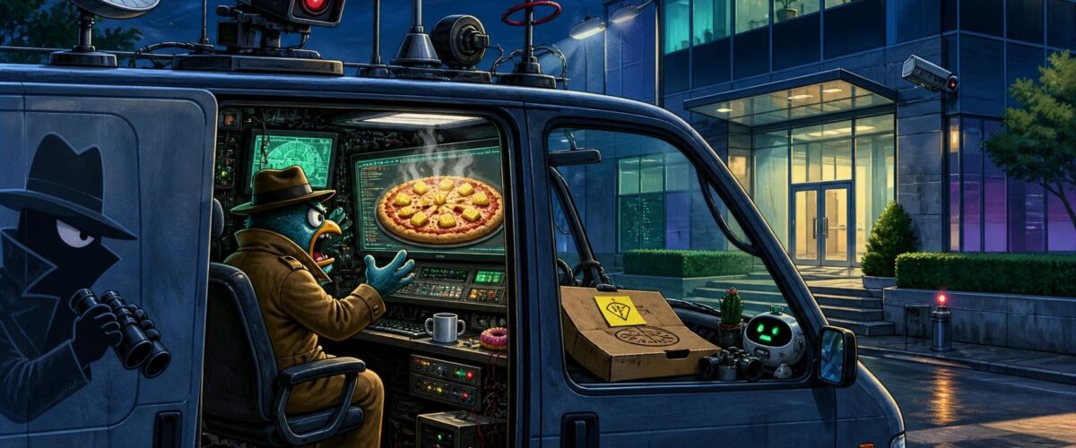 Ein Überwachungsvan vor einem modernen Glasbürogebäude, ein Detektiv im Van schreit einen Monitor mit einer Ananas-Pizza an, ein Haftnotizzettel mit »PLZ 21« klebt an einem Pizzakarton auf dem Armaturenbrett.