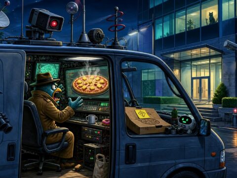 Ein Überwachungsvan vor einem modernen Glasbürogebäude, ein Detektiv im Van schreit einen Monitor mit einer Ananas-Pizza an, ein Haftnotizzettel mit »PLZ 21« klebt an einem Pizzakarton auf dem Armaturenbrett.