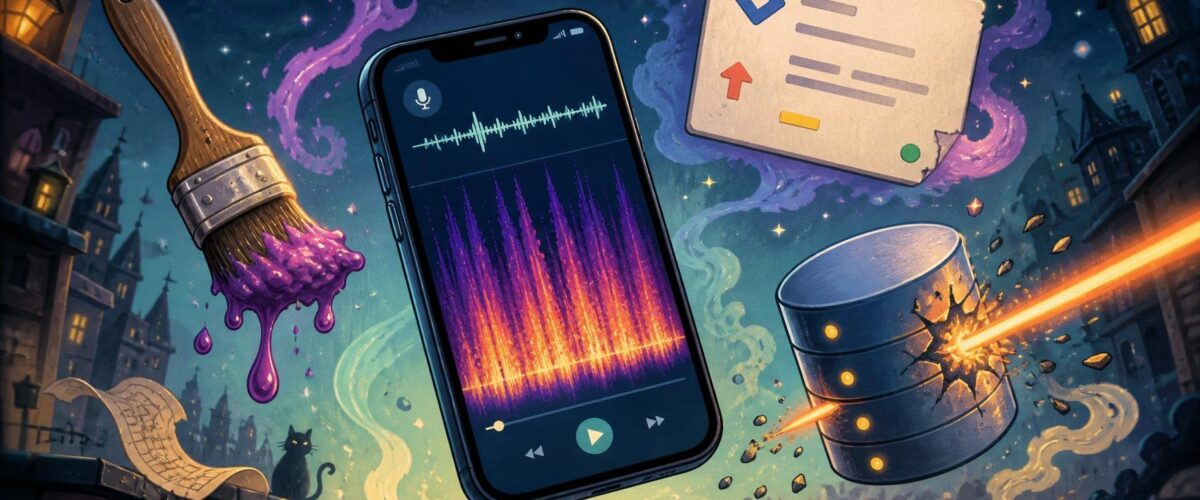 Ein Smartphone mit einer Sprachnachricht und Frequenzspektrum, umgeben von einem tropfenden Pinsel, einem Jira-Ticket und einem von einem Strahl durchbohrten Datenbankzylinder.
