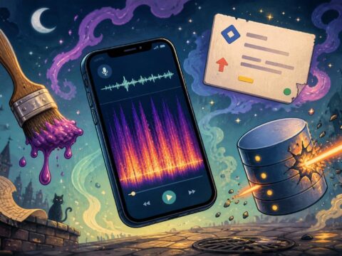 Ein Smartphone mit einer Sprachnachricht und Frequenzspektrum, umgeben von einem tropfenden Pinsel, einem Jira-Ticket und einem von einem Strahl durchbohrten Datenbankzylinder.