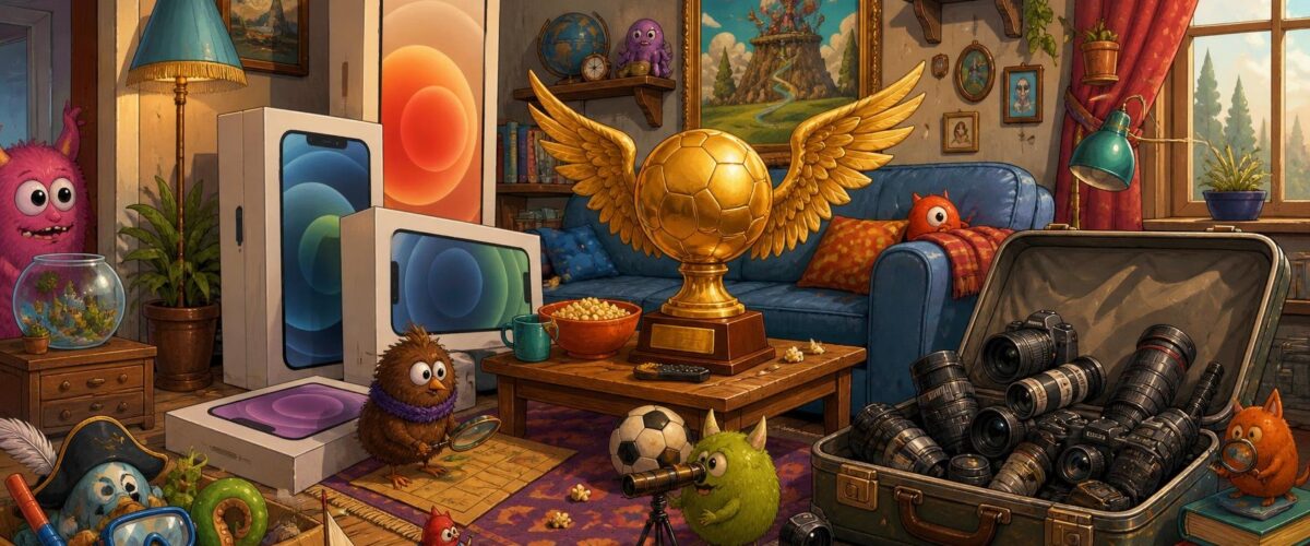 Stilisierte Szene mit überdimensionierten Smartphone-Kartons, einem geflügelten Fußballpokal und einem Koffer voller Kameraausrüstung.