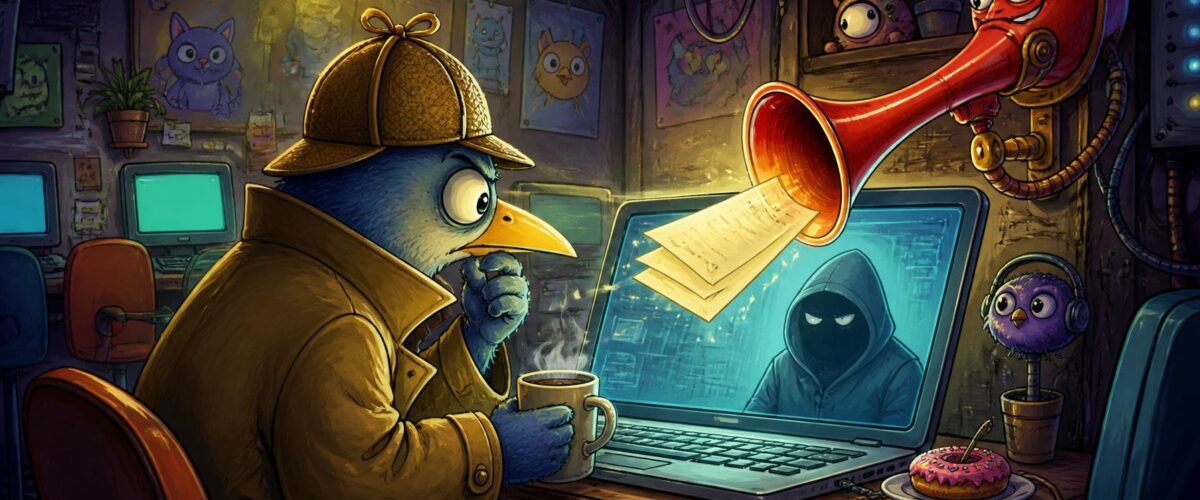 Cartoon-Kommissar blickt in einem engen Internetcafé auf einen leuchtenden Laptop, im Bildschirm spiegelt sich eine vermummte Gestalt, daneben ein grinsendes Posthorn.