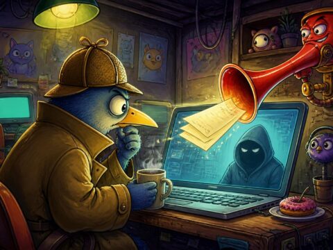 Cartoon-Kommissar blickt in einem engen Internetcafé auf einen leuchtenden Laptop, im Bildschirm spiegelt sich eine vermummte Gestalt, daneben ein grinsendes Posthorn.