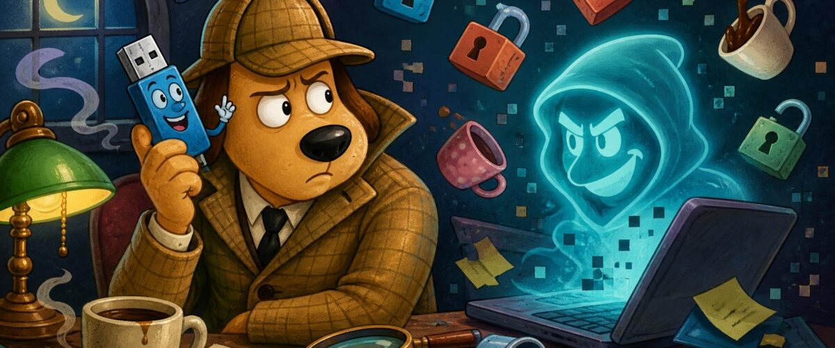 Cartoon-Kommissar hält einen sprechenden USB-Stick ans Ohr, während ein geisterhaftes Hacker-Gesicht über einem Laptop schwebt, daneben eine umgekippte Kaffeetasse.