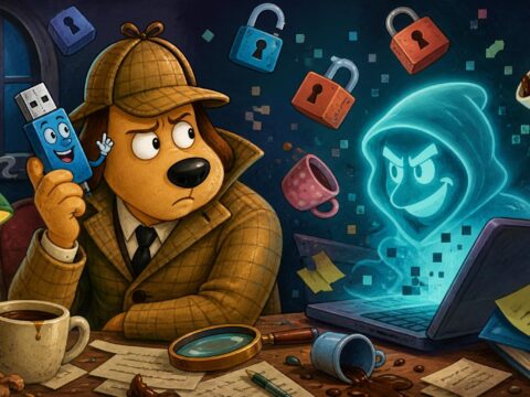 Cartoon-Kommissar hält einen sprechenden USB-Stick ans Ohr, während ein geisterhaftes Hacker-Gesicht über einem Laptop schwebt, daneben eine umgekippte Kaffeetasse.