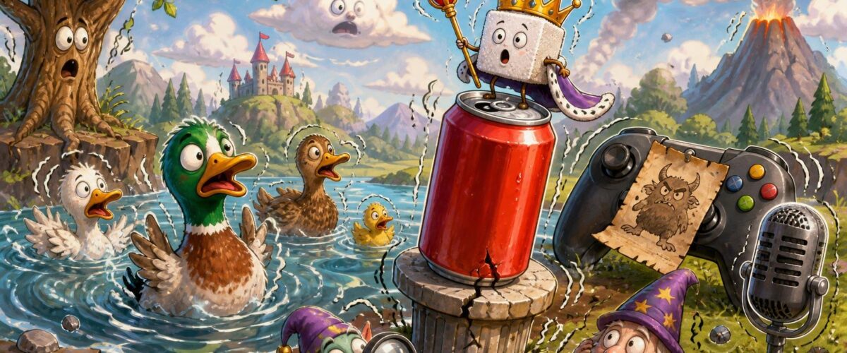 Cartoon: Ein zitternder See mit erstaunten Enten, ein Würfelzucker mit Krone auf einer Cola-Dose, ein Gamecontroller mit Fahndungsplakat und ein Mikrofon.