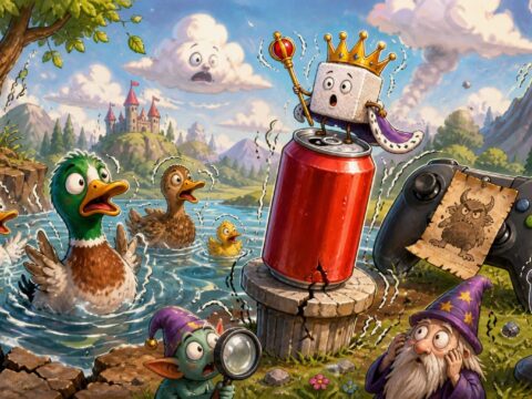 Cartoon: Ein zitternder See mit erstaunten Enten, ein Würfelzucker mit Krone auf einer Cola-Dose, ein Gamecontroller mit Fahndungsplakat und ein Mikrofon.