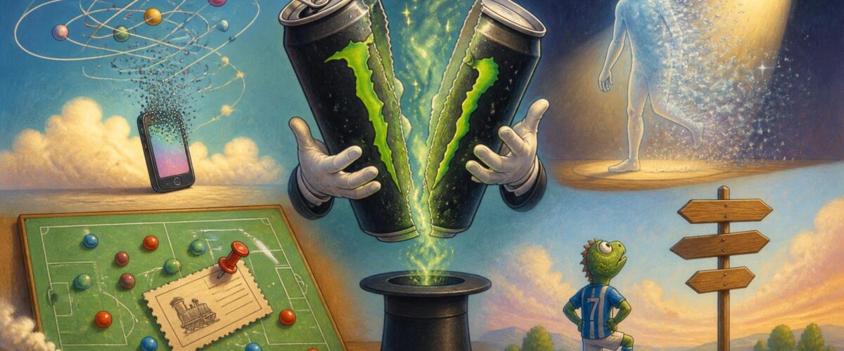 Surreale Collage: ein winziges Smartphone löst sich in Atome auf, eine Monsterdose halbiert sich, eine durchscheinende Gestalt verblasst im Rampenlicht, ein Taktikboard mit Fahrkarte und ein Fußballer vor einem „Kein Freifahrtschein“-Schild.