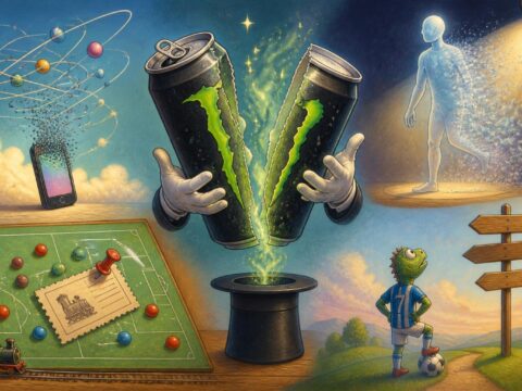 Surreale Collage: ein winziges Smartphone löst sich in Atome auf, eine Monsterdose halbiert sich, eine durchscheinende Gestalt verblasst im Rampenlicht, ein Taktikboard mit Fahrkarte und ein Fußballer vor einem „Kein Freifahrtschein“-Schild.