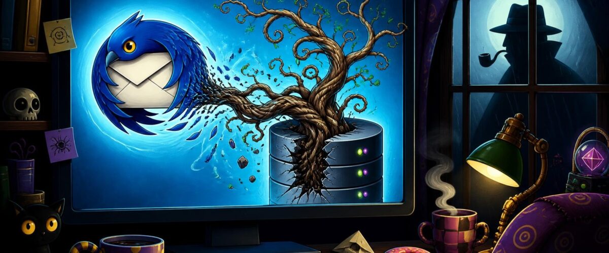 Ein leuchtender Bildschirm in einem dunklen Raum, auf dem ein Thunderbird-E-Mail-Symbol zu einer Baumwurzel wird, die einen Datenbankzylinder durchbohrt, während draußen vor dem Fenster der Schatten eines Ermittlers auftaucht.