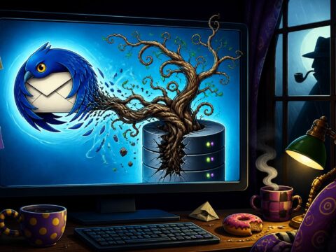 Ein leuchtender Bildschirm in einem dunklen Raum, auf dem ein Thunderbird-E-Mail-Symbol zu einer Baumwurzel wird, die einen Datenbankzylinder durchbohrt, während draußen vor dem Fenster der Schatten eines Ermittlers auftaucht.