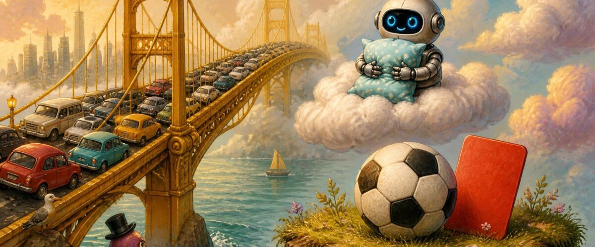 Illustration: eine goldene Brücke im Stau, ein kleiner Roboter mit Kissen auf einer Wolke und ein Fußball neben einer roten Karte.
