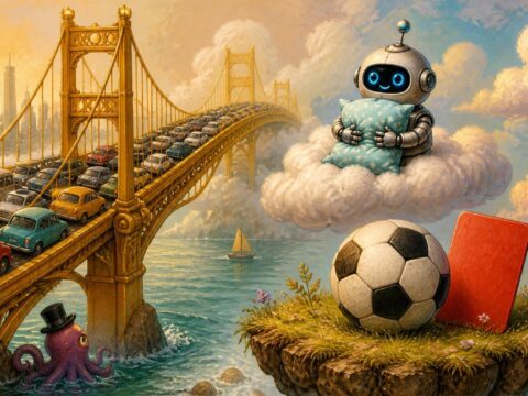 Illustration: eine goldene Brücke im Stau, ein kleiner Roboter mit Kissen auf einer Wolke und ein Fußball neben einer roten Karte.