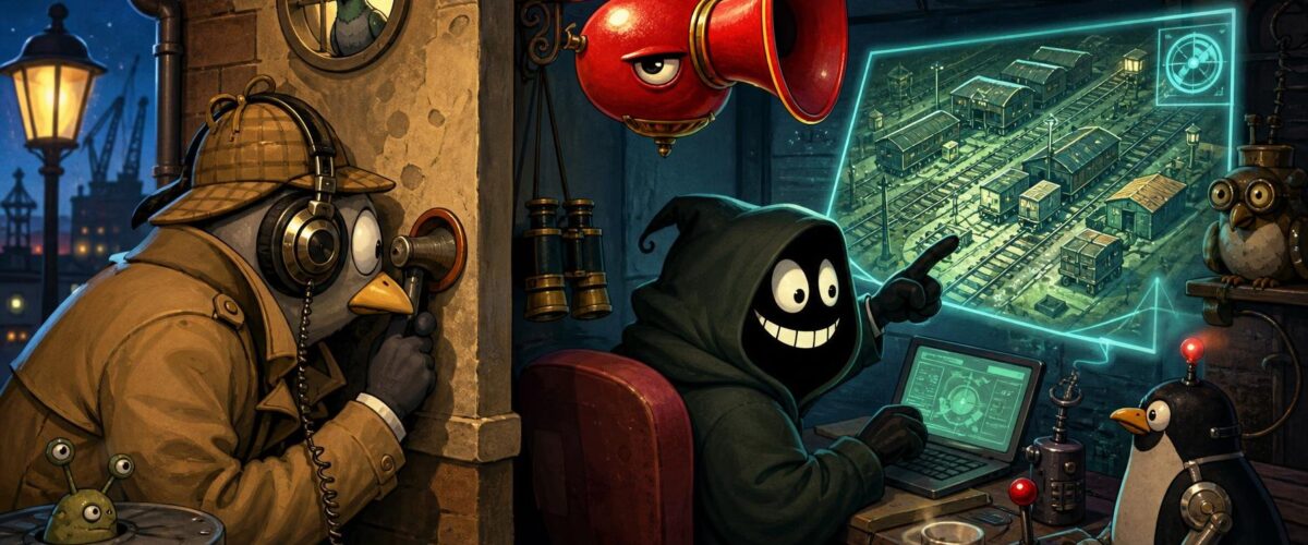 Cartoon-Kommissar mit Kopfhörern hört ein Telefonat ab, während ein vermummter Hacker auf eine leuchtende Karte eines alten Güterbahnhofs zeigt, darüber ein grinsendes Posthorn.