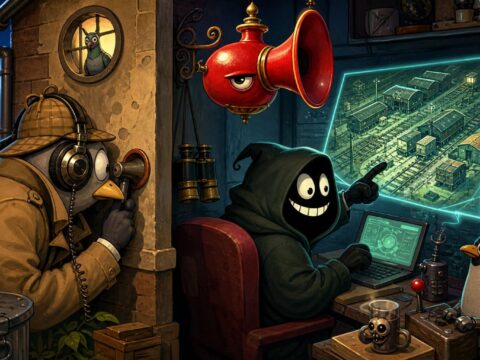 Cartoon-Kommissar mit Kopfhörern hört ein Telefonat ab, während ein vermummter Hacker auf eine leuchtende Karte eines alten Güterbahnhofs zeigt, darüber ein grinsendes Posthorn.
