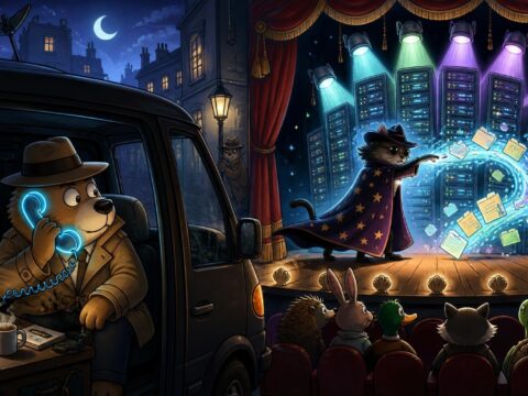 Cartoon-Kommissar in einem Observationsfahrzeug hält einen leuchtenden Telefonhörer ans Ohr, während ein Hacker im Regiemantel Dateien von einer Theaterbühne stiehlt, im Hintergrund Server wie Scheinwerfer.