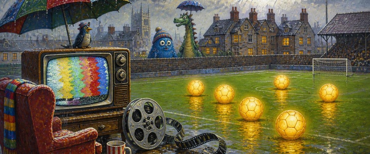 Illustration eines verregneten Fußballplatzes mit leuchtenden Bällen, einer Filmrolle und einem alten Fernseher, der eine Sendung unterbricht.