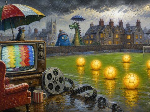 Illustration eines verregneten Fußballplatzes mit leuchtenden Bällen, einer Filmrolle und einem alten Fernseher, der eine Sendung unterbricht.