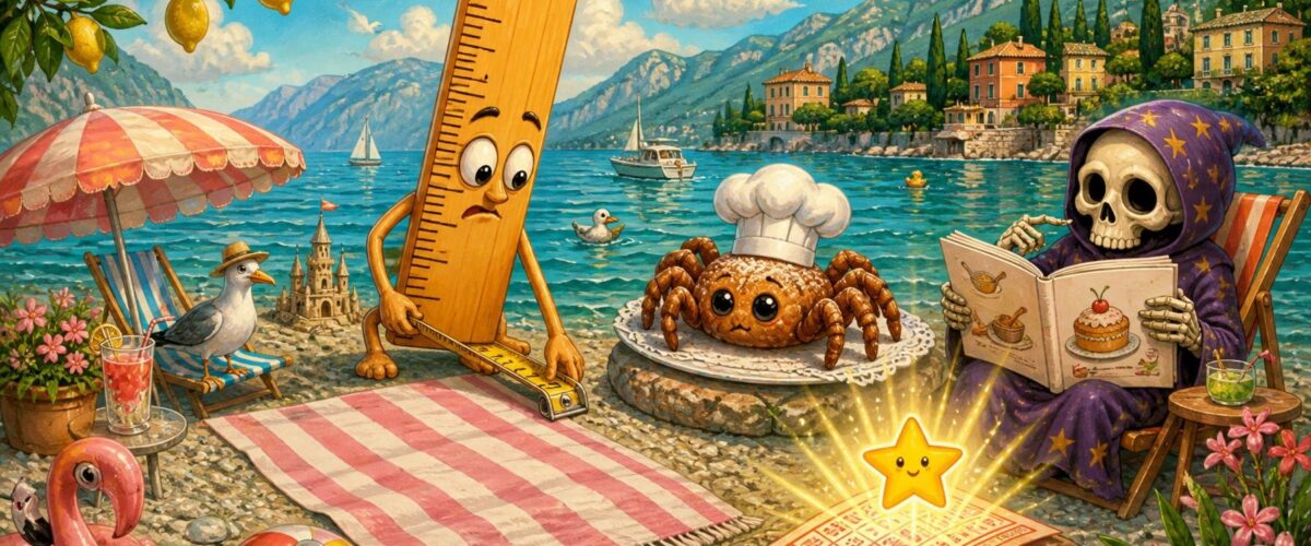 Illustration: Ein Gardasee-Strand mit überdimensionalem Lineal und Handtuch, daneben ein Spinnen-Gebäck mit Kochmütze, eine Comicheld-Figur mit Totenschädel beim Rezeptlesen und ein leuchtender Lottoschein mit Jackpot-Stern.