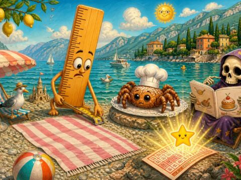 Illustration: Ein Gardasee-Strand mit überdimensionalem Lineal und Handtuch, daneben ein Spinnen-Gebäck mit Kochmütze, eine Comicheld-Figur mit Totenschädel beim Rezeptlesen und ein leuchtender Lottoschein mit Jackpot-Stern.