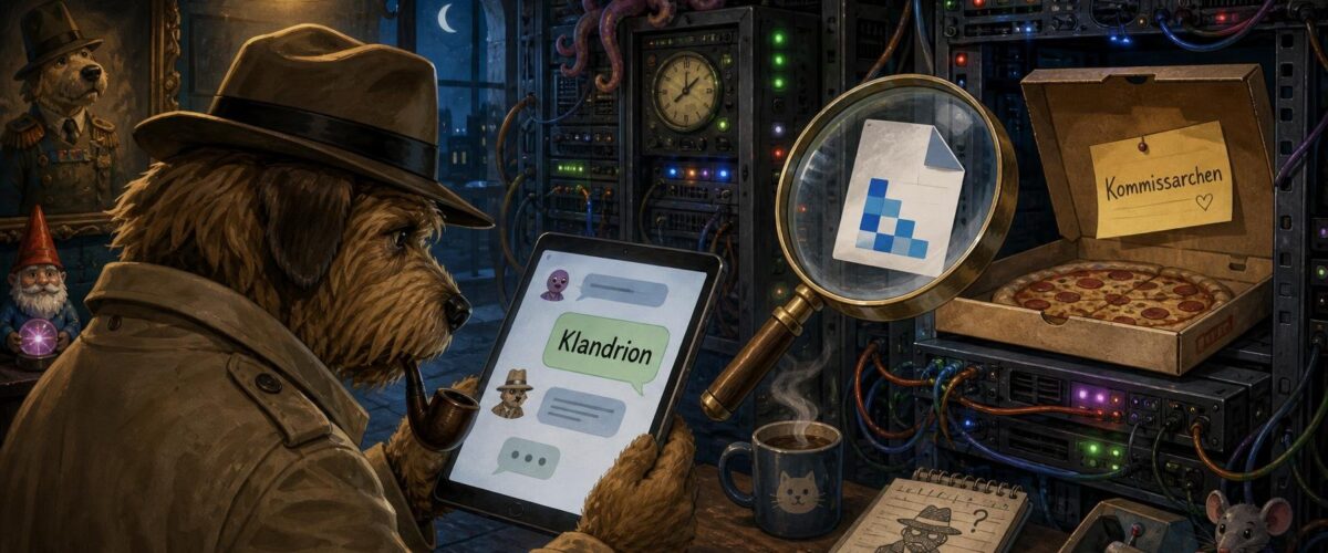 Ein düsterer Serverraum mit alten Fernmeldeverteilern. Ein Kommissar hält ein Tablet mit sichtbarem Chat-Verlauf und dem Wort „Klandrion“. Auf einem Rack ein Pizzakarton mit der Notiz „Kommissarchen“. Eine Lupe schwebt über einem TIFF-Dateisymbol.