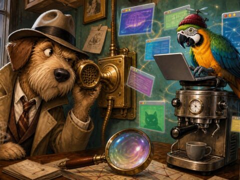 Ein altmodischer Detektiv, der sein Ohr an eine messingfarbene Büro-Gegensprechanlage hält, während ein Papagei mit Laptop auf einer Kaffeemaschine sitzt, umgeben von schwebenden Browserfenstern und einer Linse.