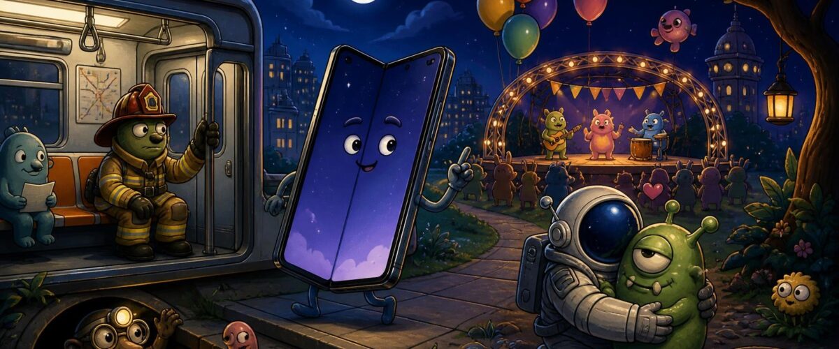 Cartoon-Szene mit faltbarem Smartphone, Feuerwehrmann in U-Bahn, Festivalbühne und Weltraumsoldat, der ein Alien umarmt.