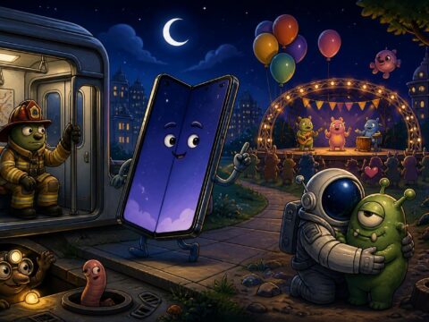 Cartoon-Szene mit faltbarem Smartphone, Feuerwehrmann in U-Bahn, Festivalbühne und Weltraumsoldat, der ein Alien umarmt.