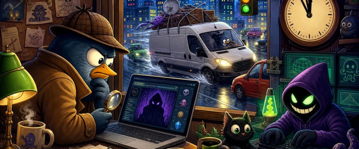 Cartoon-Kommissar blickt auf einen Laptop mit Darknet-Forum, während ein weißer Lieferwagen durch den Stadtverkehr flieht, ein vermummter Hacker grinst, darüber eine große Uhr mit 11:58.