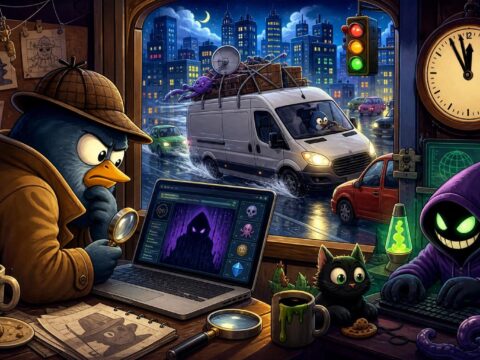Cartoon-Kommissar blickt auf einen Laptop mit Darknet-Forum, während ein weißer Lieferwagen durch den Stadtverkehr flieht, ein vermummter Hacker grinst, darüber eine große Uhr mit 11:58.