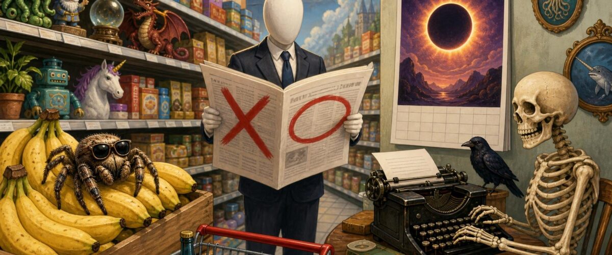 Cartoon: Supermarktgang mit Bananenkiste und Spinne mit Sonnenbrille, daneben ein Mann im Anzug mit Zeitung "Gegendarstellung", im Hintergrund Skelett an Schreibmaschine "Winds of Winter" und Kalender 2026 mit Sonnenfinsternis.