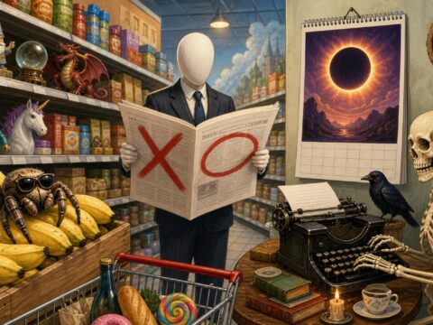 Cartoon: Supermarktgang mit Bananenkiste und Spinne mit Sonnenbrille, daneben ein Mann im Anzug mit Zeitung "Gegendarstellung", im Hintergrund Skelett an Schreibmaschine "Winds of Winter" und Kalender 2026 mit Sonnenfinsternis.