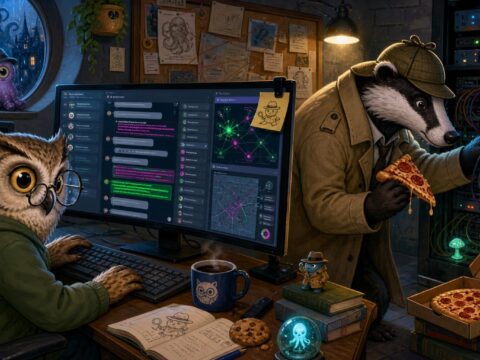 Ein Bildschirm zeigt Chat-Logs mit markierten Lücken. Ein Kommissar lehnt über einem Server-Rack, hält ein Stück Pizza in der Hand, von einem Monitor baumelt ein Post-it mit „Kommissarchen“.