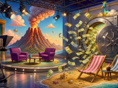 Illustration: Fernsehstudio-Kulisse, im Hintergrund ein Vulkanausbruch, davor ein Banktresor mit fliegenden Geldscheinen und zwei leere Strandstühle.