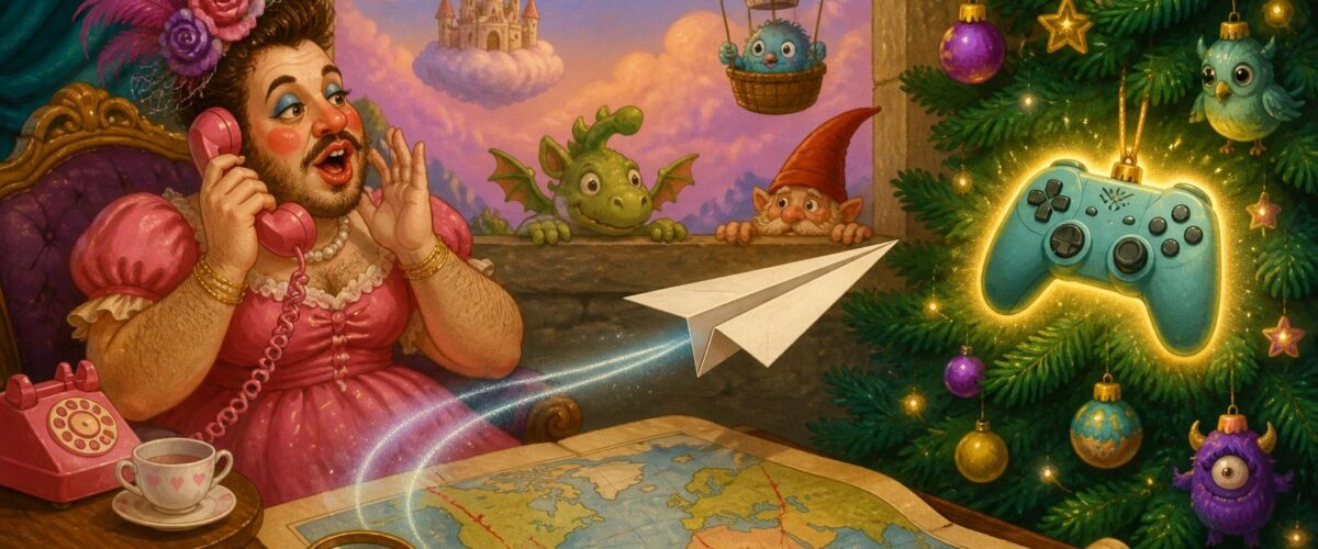 Verspielte Illustration: ein Mann im Kleid telefoniert, ein Papierflieger fliegt über eine Landkarte, und ein leuchtender Gamecontroller hängt am Weihnachtsbaum.
