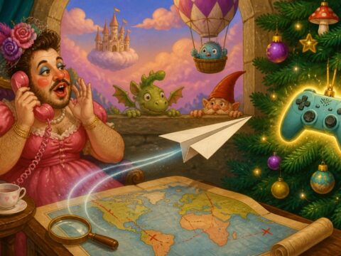 Verspielte Illustration: ein Mann im Kleid telefoniert, ein Papierflieger fliegt über eine Landkarte, und ein leuchtender Gamecontroller hängt am Weihnachtsbaum.