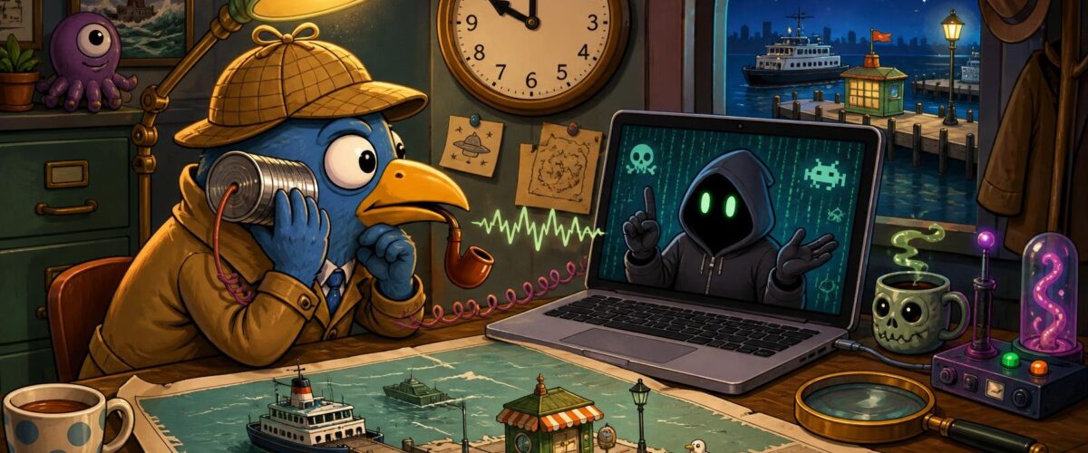 Cartoon-Kommissar lauscht einer blechernen Stimme aus einem Laptop, auf dem ein vermummter Hacker gestikuliert, daneben eine Karte mit Fähranleger und kleinem Kiosk, eine Uhr zeigt 10:00.
