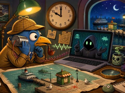 Cartoon-Kommissar lauscht einer blechernen Stimme aus einem Laptop, auf dem ein vermummter Hacker gestikuliert, daneben eine Karte mit Fähranleger und kleinem Kiosk, eine Uhr zeigt 10:00.