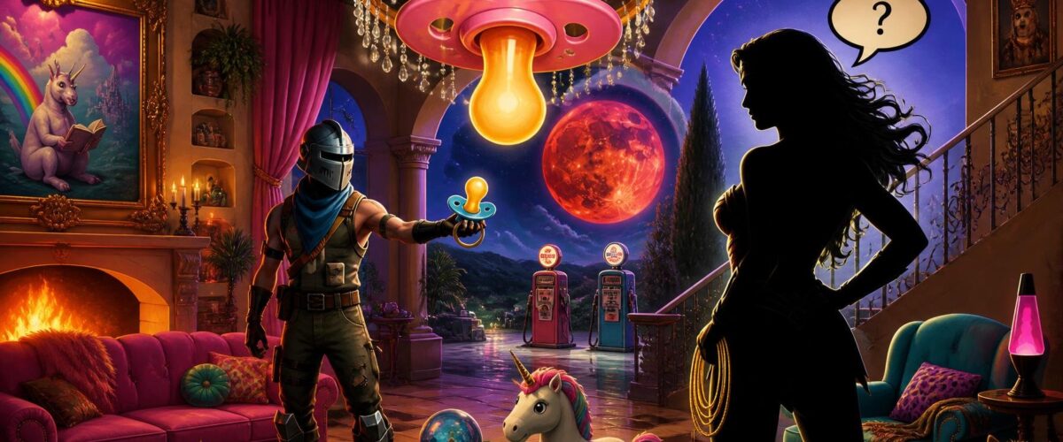 "Surreale Szene: Villa mit riesigem Schnuller-Kronleuchter, Blutmond über Tankstelle, Fortnite-Figur mit Schnuller und Silhouette von Gal Gadot mit einem großen Fragezeichen."