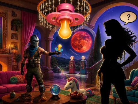 "Surreale Szene: Villa mit riesigem Schnuller-Kronleuchter, Blutmond über Tankstelle, Fortnite-Figur mit Schnuller und Silhouette von Gal Gadot mit einem großen Fragezeichen."