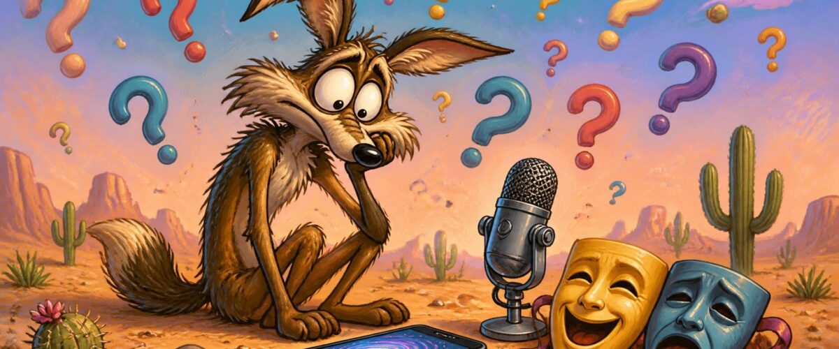 Ein Smartphone liegt im Gras, daneben ein Cartoon-Kojote, ein Mikrofon und Theatermasken, darüber schweben Fragezeichen.