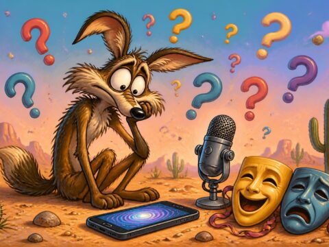 Ein Smartphone liegt im Gras, daneben ein Cartoon-Kojote, ein Mikrofon und Theatermasken, darüber schweben Fragezeichen.