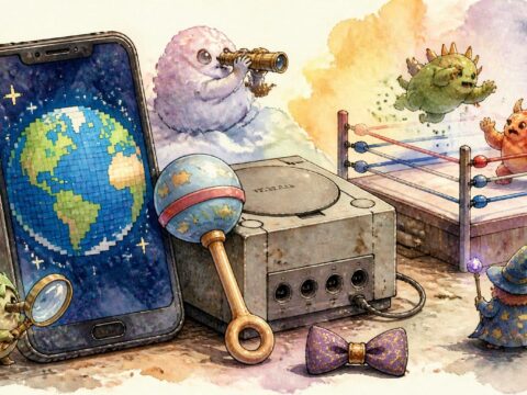 Pixelglobus auf Smartphone, verstaubte Spielkonsole, Babyrassel, elegante Fliege und Wrestling-Ring.