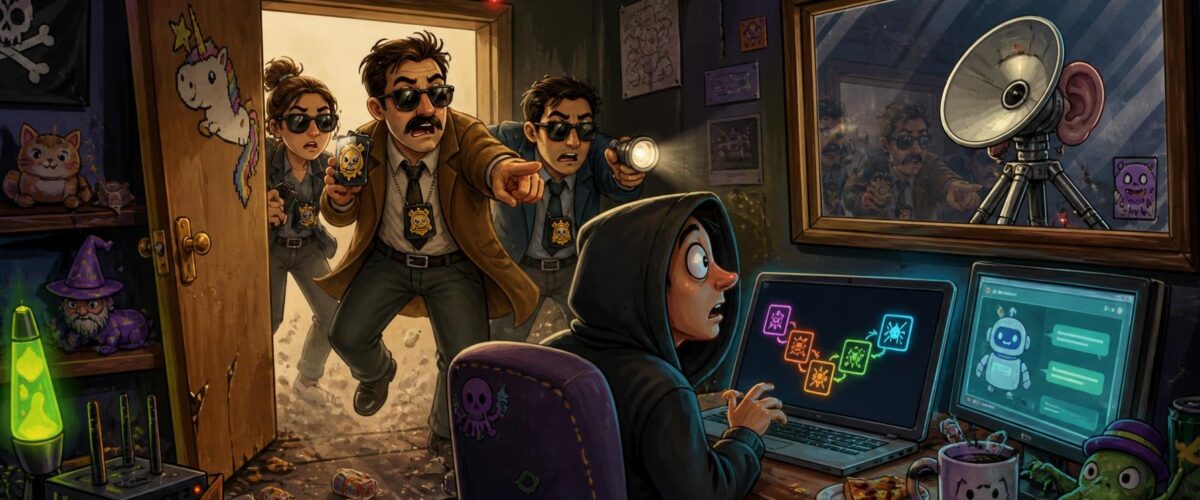 Zivilfahnder stürmen eine chaotische Hackerwohnung, ein Hacker blickt erschrocken von seinem Laptop auf, auf dem Bildschirm eine Exploit-Kette und ein Chatbot-Interface; im gegenüberliegenden Fenster spiegelt sich ein Abhörgerät.