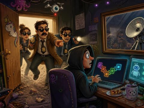 Zivilfahnder stürmen eine chaotische Hackerwohnung, ein Hacker blickt erschrocken von seinem Laptop auf, auf dem Bildschirm eine Exploit-Kette und ein Chatbot-Interface; im gegenüberliegenden Fenster spiegelt sich ein Abhörgerät.