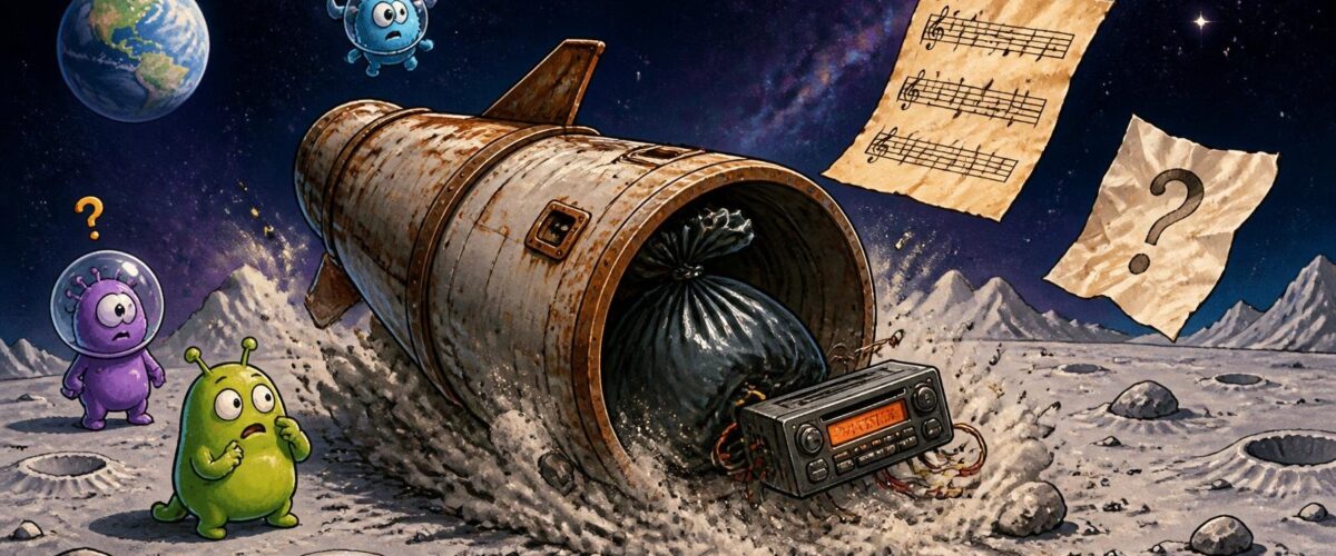 Rostige Raketenstufe mit Müllsack auf dem Mond, umgeben von Notenblättern und einem verwirrten Brief.