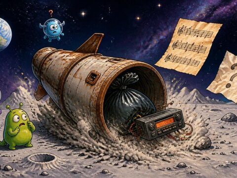 Rostige Raketenstufe mit Müllsack auf dem Mond, umgeben von Notenblättern und einem verwirrten Brief.